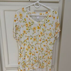 Women's Floral V-Neck Blouse - White with Yellow Floral